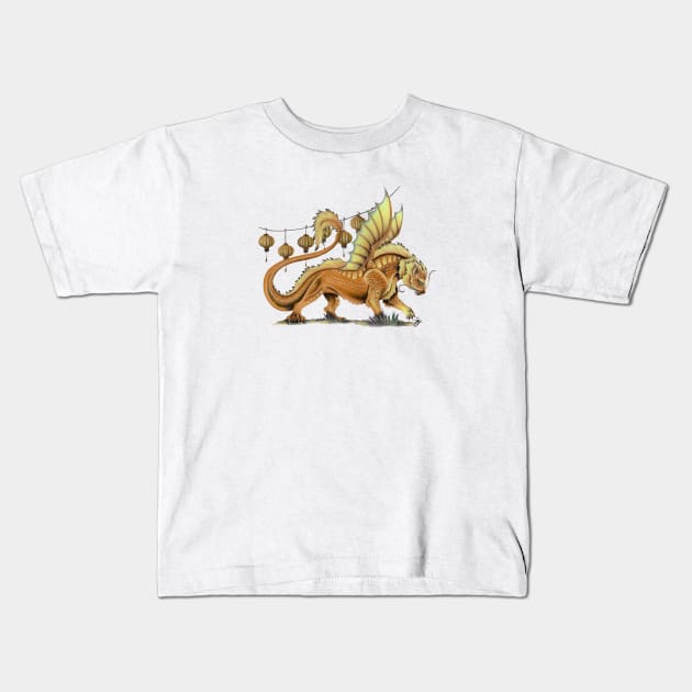 Fierce Yellow Oriental Lion Dragon Kids T-Shirt by Sandra Staple